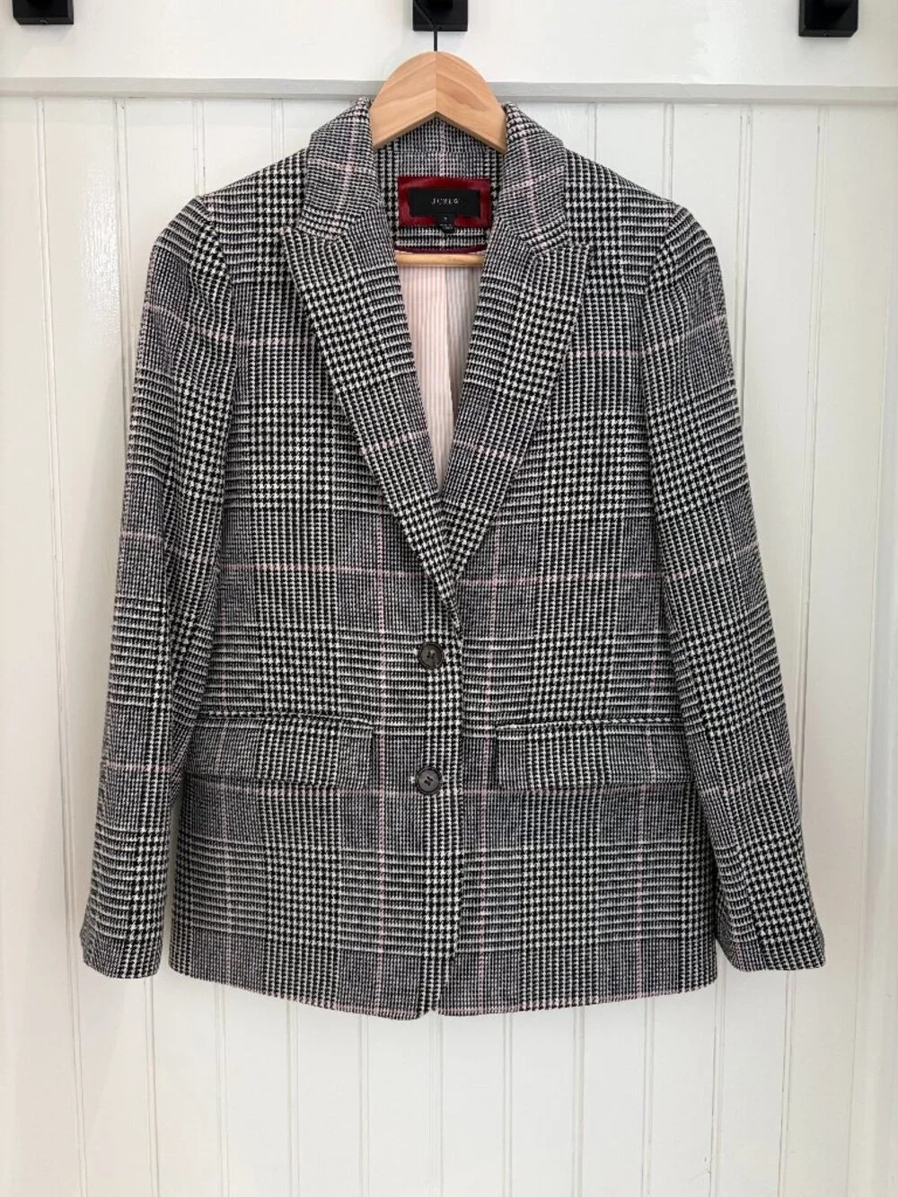 J.Crew Nello Gori Boyfriend Blazer Glen Plaid Houndstooth Pink Lining Sz 2